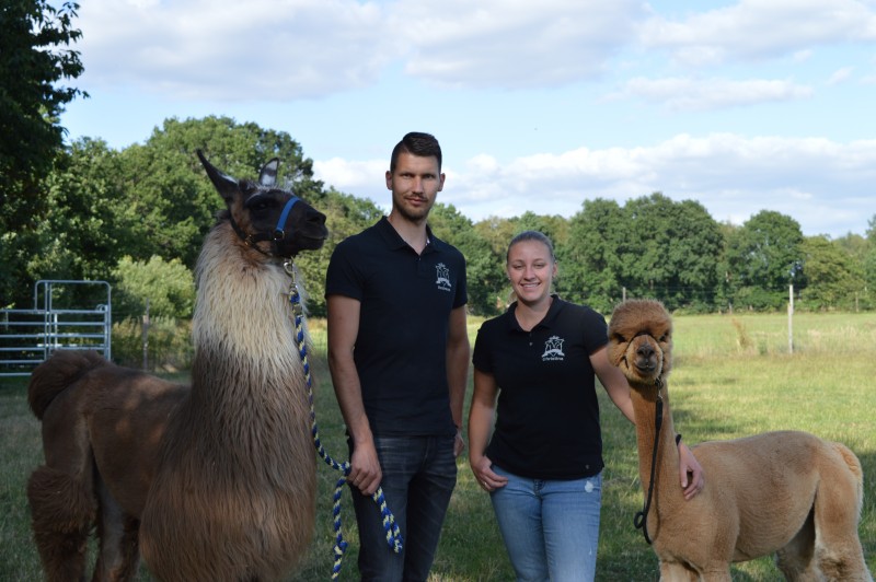 Zwei Personen mit Alpakas an der Leine