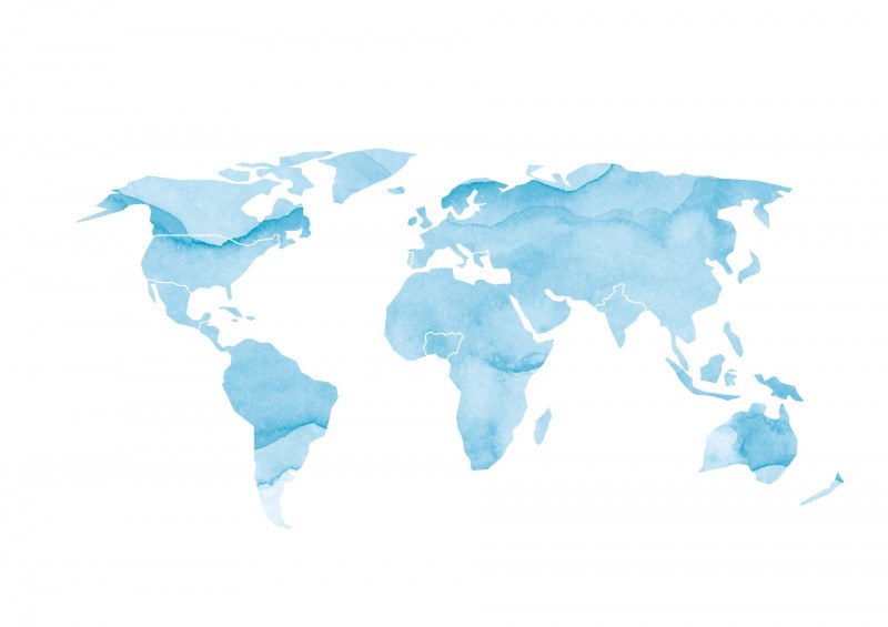 Stilisierte Weltkarte in blauer Wasserfarbe.