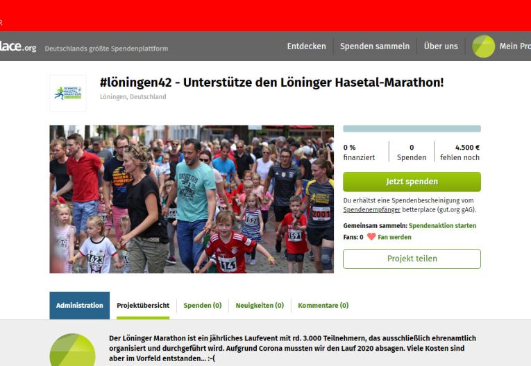 betterplace.org Website Spendenseite für den Löninger Hasetal-Marathon