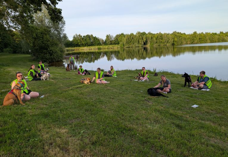 Menschen mit Hunden auf Wiese