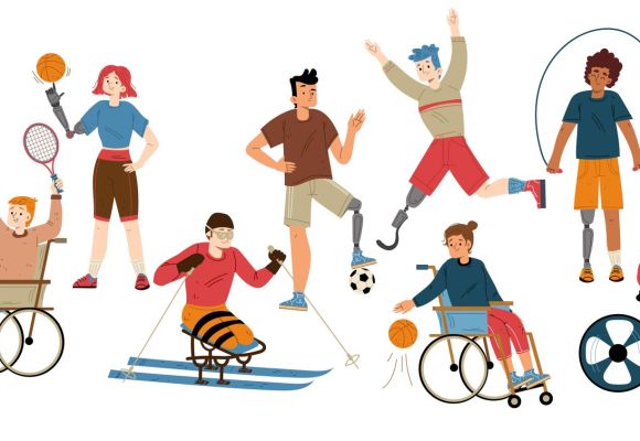 Personen mit unterschiedlichen körperlichen Beeinträchtigungen spielen Rollstuhlbasketball, nutzen ein Springseil, fahren Rad und vieles mehr